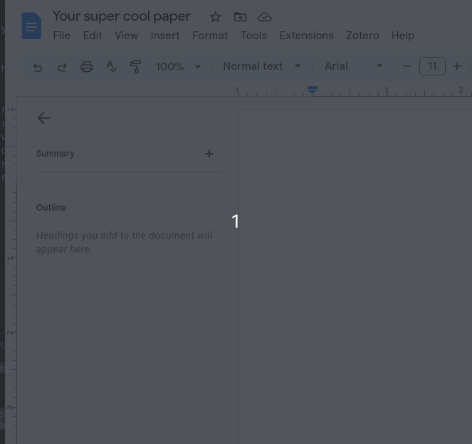 Animated gif of: 1) clicking the ‘Normal text’ dropbox in a Google Doc; 2) selecting ‘Heading 1’; 3) typing in the word ‘Introduction’; and 4) the cursor moves to the next line and the dropdown returns to displaying ‘Normal text’ and the word ‘Introduction’ appears in the outline bar on the left side